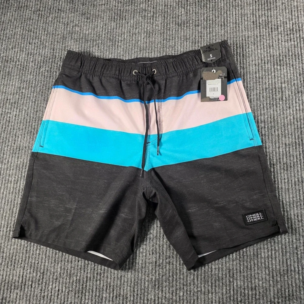 O'Neill Smash Up Volley Mens‎ Swim Trunks Black Blue Pink Striped Board Shorts S